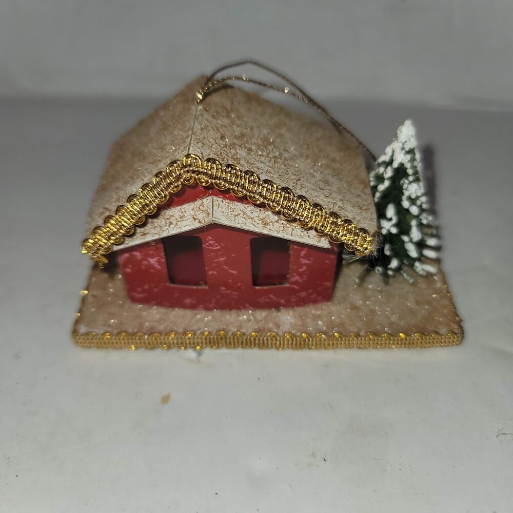 Vintage Christmas Putz house Cardboard Mica Red House with tree Ornament